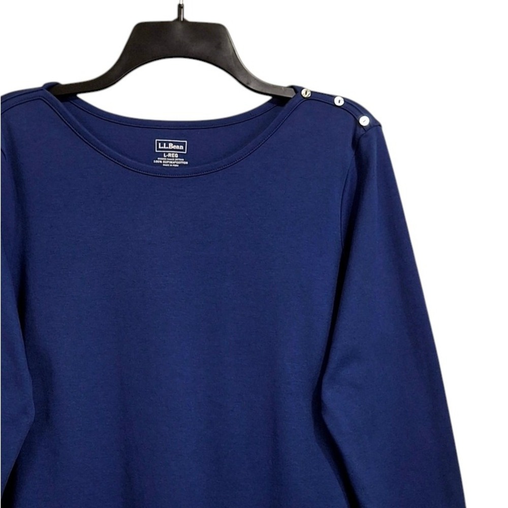 LL Bean Top L Reg Navy Blue Supima Cotton Boatneck 3/4 Sleeve Shoulder Buttons